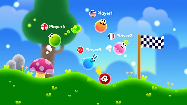 Bloop Go! lenktynės su keturiais spalvingais veikėjais prie finišo vėliavos